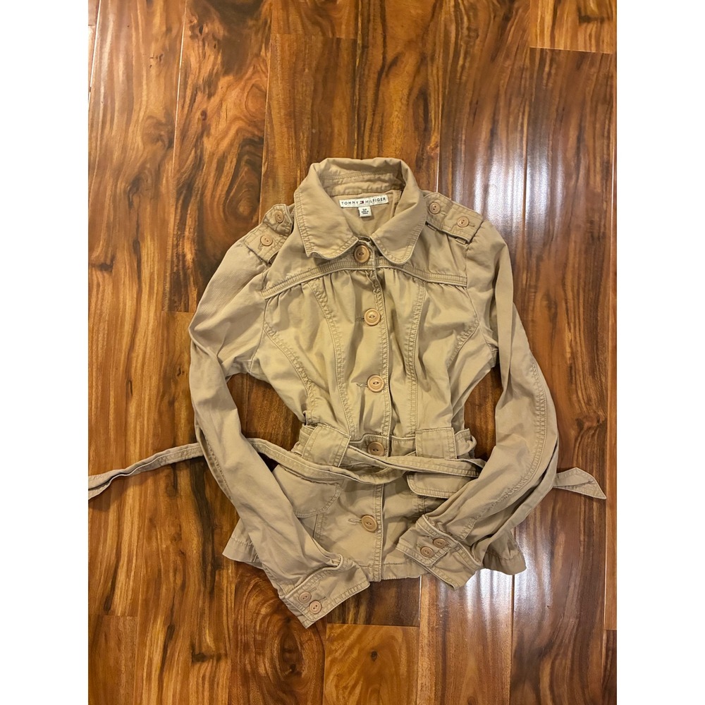 Tommy Hilfiger Khaki Utility Belted Safari Jacket Tan Small Womens Button Front